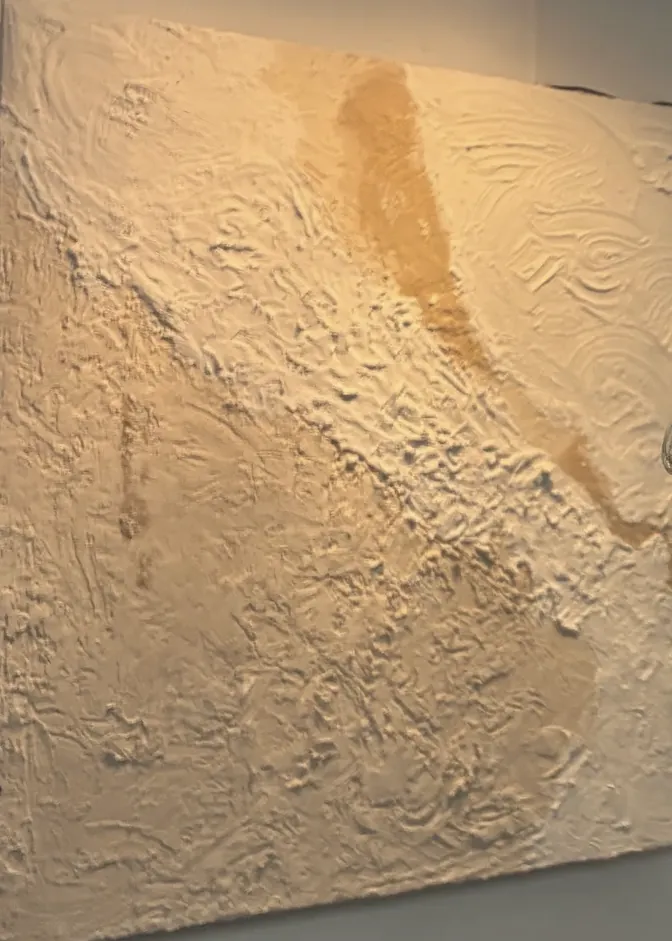 Détail du tableau texturé beige et ocre du salon